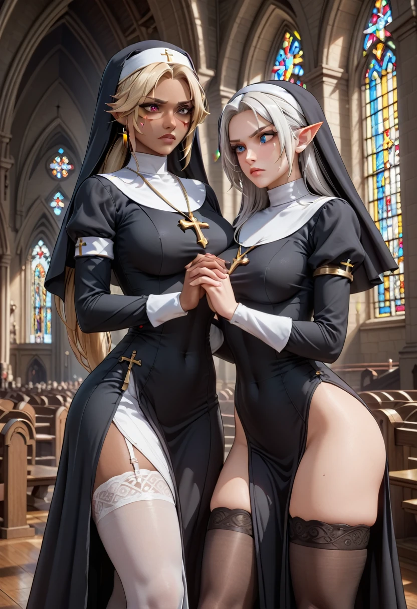 2girls, fighting, facing each other, face-to-face, first: girl, short sleeves, tribal tattoo, dark skin, serious, medium breasts, muscular, long ponytail, blonde hair, dark elf, perfect face, perfect red eyes, church, nun clothes, masterpiece quality, ultra HD, 4K, best quality; second girl: serious, stockings, perfect face, gorgeous woman, beautiful, perfect blue eyes, gentle eyes, white hair, long hair, parted bangs, large breasts, nun clothes, long sleeves, church, masterpiece quality, ultra HD, 4K, best quality