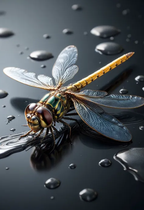 (mercury composed of one wonderful Colorful dragonfly :1.8)rising from a puddle of liquid mercury, extremely shiny, smooth surfa...