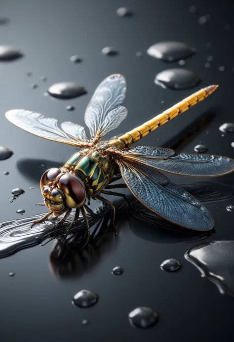 (mercury composed of one wonderful colorful dragonfly :1.8)rising from a puddle of liquid mercury, extremely shiny, smooth surfa...