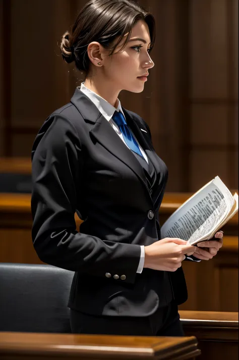 (A female lawyer in a black suit:1.5)、In the courtroom、He is reading from a thick file in both hands.、One woman、short hair、Ideal...