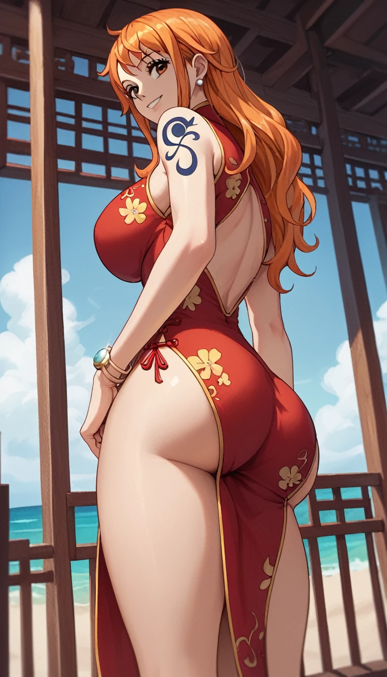 score_9, score_8_up, score_7_up, source_anime, best quality, clear face, Nami, orange hair, orange eyes, long hair, large breasts, perfect body, looking at viewer, smile, china dress, red clothes, in the beach, standing, dynamic angle, from behind, big ass, low angle