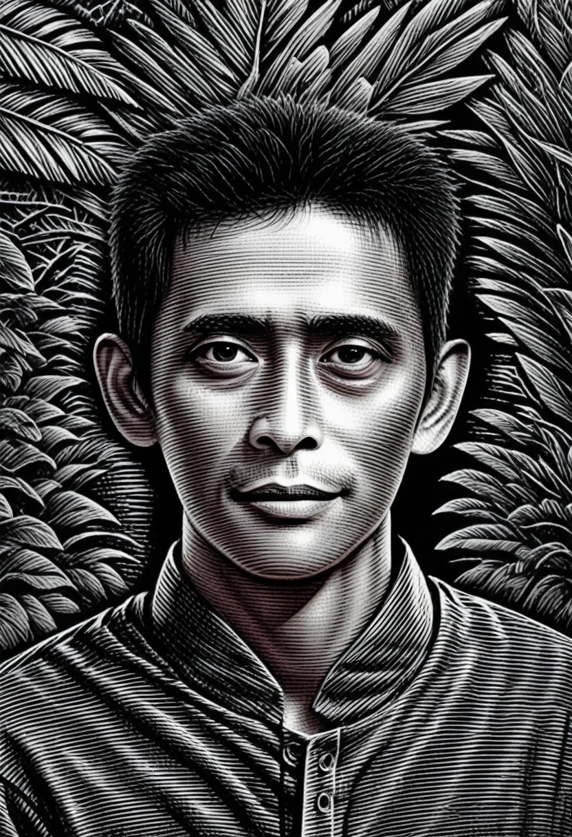 a half body portrait,Scratch board illustration, Indonesia man 35years, in a botanical elips frame,black eyes,black hair, close up portrait, centered,intricate details,high resolution,4k, illustration style, Over all Detail, Scratch board illustration,wong-maret