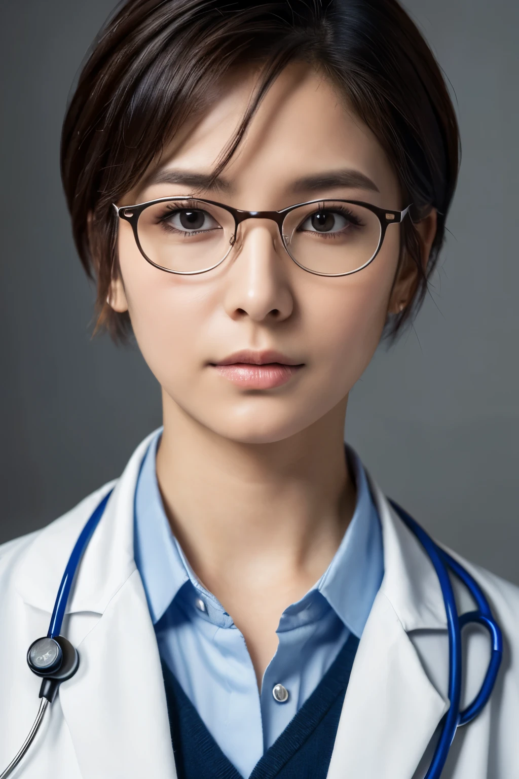 ((Meilleure qualité, 8k, chef-d&#39;œuvre :1.3)), 1 médecin, tenue professionnelle avec blouse blanche: 1.2, (court, cheveux soignés: 1.1), stéthoscope autour du cou: 1.3, lunettes de vue: 1.2, se concentrer sur la caméra: 1.4, Expression sérieuse: 1.5, Texture du visage et de la peau très détaillée, Un œil détaillé, lignes profondes de concentration, formation médicale.