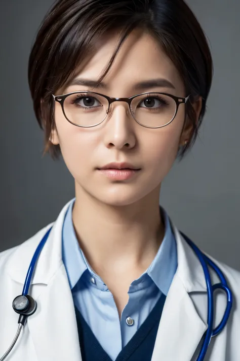 ((Best quality, 8k, Masterpiece :1.3)), 1 doctor, professional attire with white coat: 1.2, (short, neat hair: 1.1), stethoscope...