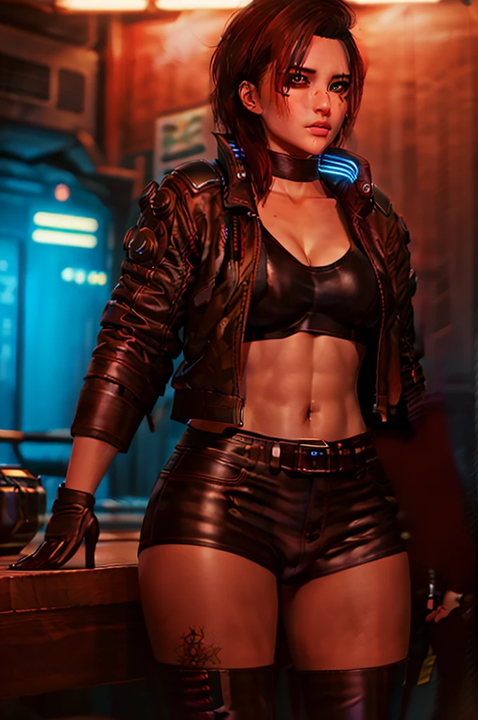 ((portrait shot)) a photo of a woman, (pants)  (shirt:1.2), 4k, high-res, masterpiece, best quality, (head:1.3), finely detailed skin, cleavage, pushup bra, neon, bedroom, (long Leather jacket:1.6), large breasts, sfw, (leather pants:1.5), tattoo sleeve