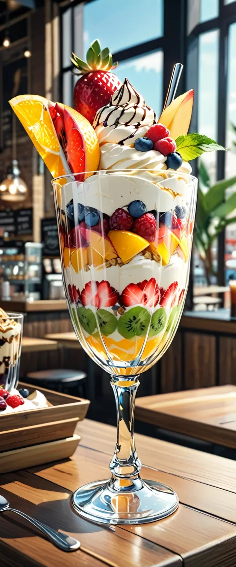 (masterpiece:1.2, Highest quality,Highest quality,Super detailed:1.2),(Very detailed),8k,(Photorealistic),(RAW Photos:1.2),A fruit parfait with lots of fruit is served in a clear, stylish glass on the table.,straw,The parfait is topped with ice cream,A stylish coffee shop,(Cool looking photo)