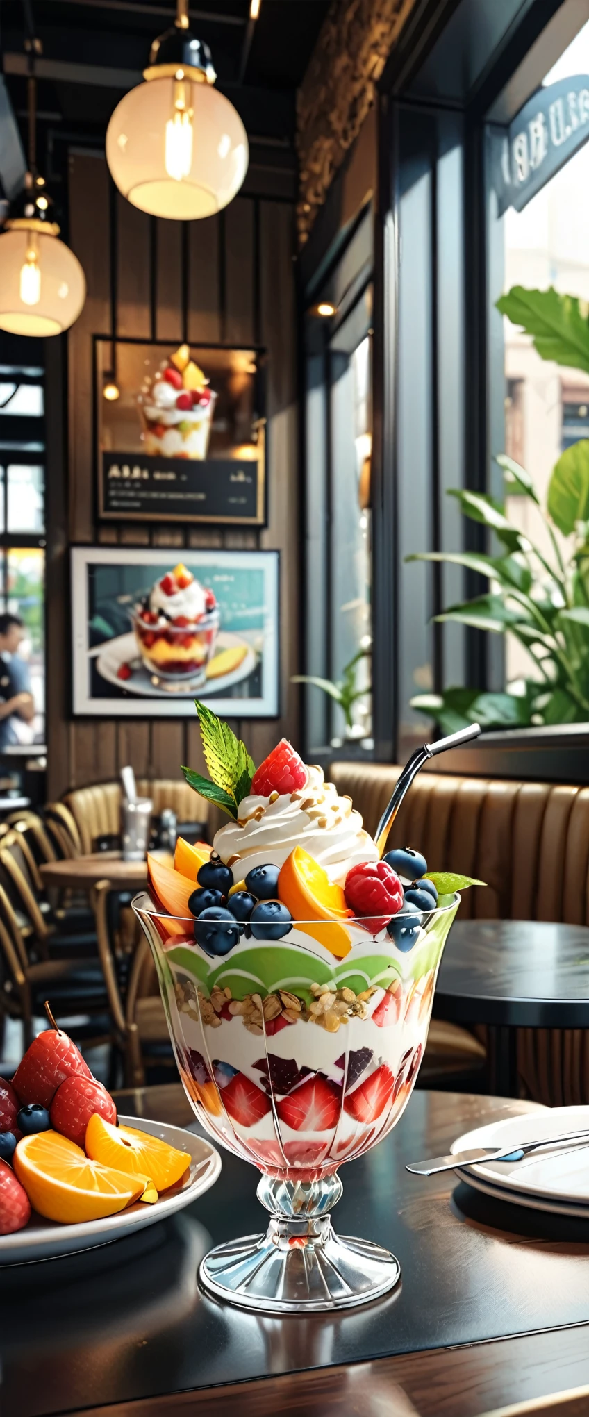 (masterpiece:1.2, Highest quality,Highest quality,Super detailed:1.2),(Very detailed),8k,(Photorealistic),(RAW Photos:1.2),A fruit parfait with lots of fruit is served in a clear, stylish glass on the table.,straw,The parfait is topped with ice cream,A stylish coffee shop,(Cool looking photo)