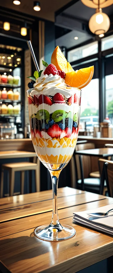 (masterpiece:1.2, Highest quality,Highest quality,Super detailed:1.2),(Very detailed),8k,(Photorealistic),(RAW Photos:1.2),A fruit parfait with lots of fruit is served in a clear, stylish glass on the table.,straw,The parfait is topped with ice cream,A stylish coffee shop,(Cool looking photo)