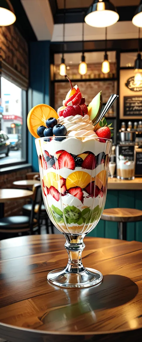 (masterpiece:1.2, Highest quality,Highest quality,Super detailed:1.2),(Very detailed),8k,(Photorealistic),(RAW Photos:1.2),A fruit parfait with lots of fruit is served in a clear, stylish glass on the table.,straw,The parfait is topped with ice cream,A stylish coffee shop,(Cool looking photo)