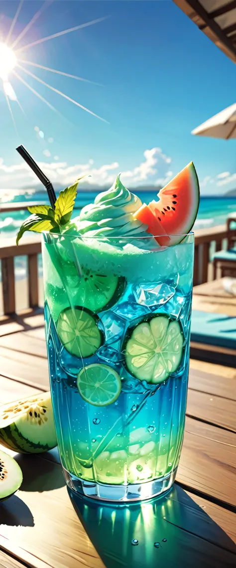 (masterpiece:1.2, Highest quality,Highest quality,Super detailed:1.2),(Very detailed),8k,(Photorealistic),(RAW Photos:1.2),A clear, stylish glass on the table contains melon soda.,Carbonated bubbles,straw,Carbonated water with ice cream on top,Beach under the scorching sun,(Beautiful blue sky),((Sunlight reflecting off the glass)),(Cool looking photo)