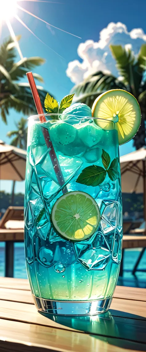 (masterpiece:1.2, Highest quality,Highest quality,Super detailed:1.2),(Very detailed),8k,(Photorealistic),(RAW Photos:1.2),A clear, stylish glass on the table contains melon soda.,Carbonated bubbles,straw,Carbonated water with ice cream on top,Beach under the scorching sun,(Beautiful blue sky),((Sunlight reflecting off the glass)),(Cool looking photo)