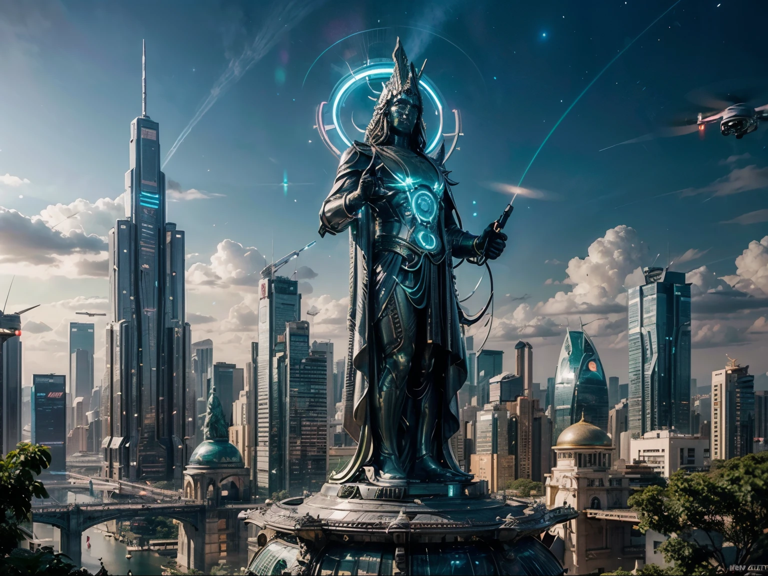 (Highest quality, Ultra HD, 16k, Masterpiece) A colossal statue of an Indian god stands majestically in the heart of a highly futuristic city, surrounded by towering high-rise buildings, flying cars, and vibrant bioluminescent lights. The statue, intricately designed with a blend of ancient and modern elements, depicts the deity in a serene and powerful pose. Neon lights and holographic projections add a surreal glow to the statue, highlighting its divine presence amidst the ultramodern environment. The cityscape is a dazzling mix of sleek skyscrapers, each adorned with luminous advertisements and digital displays. Flying cars zip through the air, leaving trails of light behind them, creating a dynamic and bustling atmosphere. The streets below are lined with lush, exotic flowers, whose petals emit a soft, bioluminescent glow, adding a touch of nature's beauty to the urban setting. The statue is surrounded by a lush garden oasis, a striking contrast to the metallic and glass structures that dominate the skyline. This green sanctuary is filled with diverse plant life, including bioluminescent flora that illuminates the night with a gentle, otherworldly light. Soft beams of light from the setting sun and the city's neon glow create a stunning interplay of colors and shadows, casting an ethereal ambiance over the scene. The overall composition captures the awe-inspiring fusion of ancient spirituality and cutting-edge innovation, evoking a sense of wonder and reverence for both the divine and the futuristic marvels of human achievement. This image portrays a breathtaking vision of a harmonious coexistence between tradition and progress in a vibrant, futuristic metropolis. ((((long shot))), (((drone shot))), (((zoomed out shot))), ((((huge statue)))), (((colossal statue))), (((bright light))), (((neon lights))), (((bioluminiscent light))), (((flying cars)))