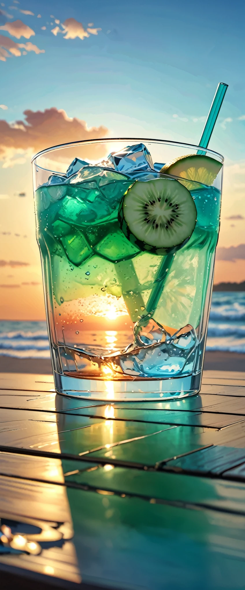 (masterpiece:1.2, Highest quality,Highest quality,Super detailed:1.2),(Very detailed),8k,(Photorealistic),(RAW Photos:1.2),A clear, stylish glass on the table contains melon soda.,Carbonated bubbles,straw,Carbonated water with ice cream on top,Beach under the scorching sun,(Beautiful blue sky),((Sunset reflected in the glass)),(Cool looking photo),(From below)