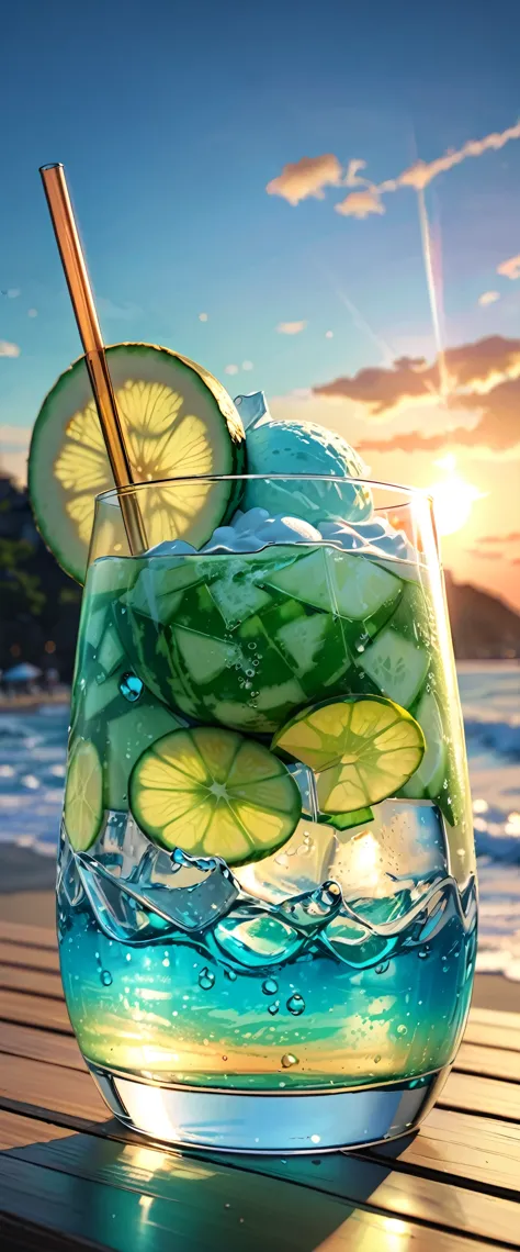 (masterpiece:1.2, Highest quality,Highest quality,Super detailed:1.2),(Very detailed),8k,(Photorealistic),(RAW Photos:1.2),A clear, stylish glass on the table contains melon soda.,Carbonated bubbles,straw,Carbonated water with ice cream on top,Beach under the scorching sun,(Beautiful blue sky),((Sunset reflected in the glass)),(Cool looking photo),(From below)