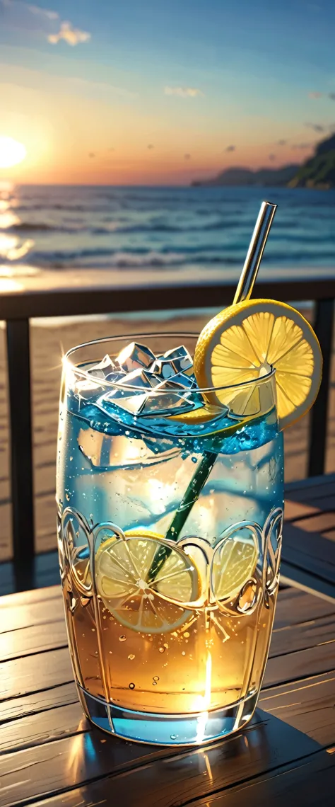 (masterpiece:1.2, Highest quality,Highest quality,Super detailed:1.2),(Very detailed),8k,(Photorealistic),(RAW Photos:1.2),A clear, stylish glass of carbonated water is on the table.,Carbonated bubbles,straw,lemon,Beach under the scorching sun,Beautiful blue sky,((Sunset light reflecting off the glass)),Cool looking photo