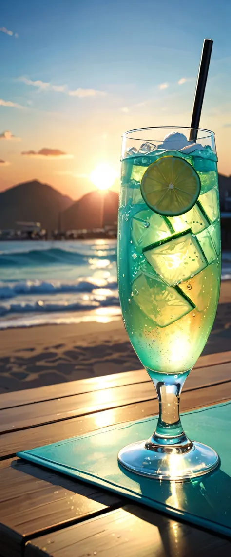 (masterpiece:1.2, Highest quality,Highest quality,Super detailed:1.2),(Very detailed),8k,(Photorealistic),(RAW Photos:1.2),A clear, stylish glass on the table contains melon soda.,Carbonated bubbles,straw,Carbonated water with ice cream on top,Beach under the scorching sun,(Beautiful blue sky),((Sunset reflected in the glass)),(Cool looking photo)