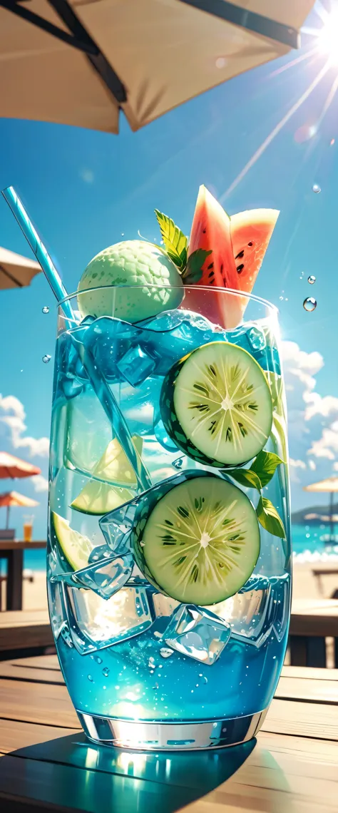 (masterpiece:1.2, Highest quality,Highest quality,Super detailed:1.2),(Very detailed),8k,(Photorealistic),(RAW Photos:1.2),A clear, stylish glass on the table contains melon soda.,Carbonated bubbles,straw,Carbonated water with ice cream on top,Beach under the scorching sun,(Beautiful blue sky),((Sunlight reflecting off the glass)),(Cool looking photo)