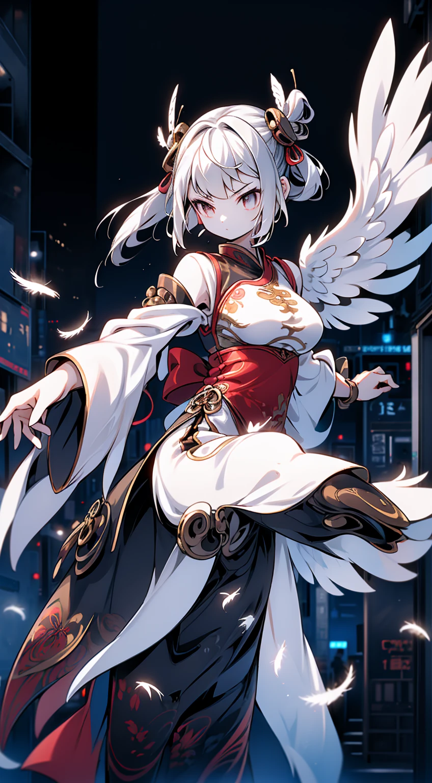 Cyberpunk style，bird girl，Bird Girl，Crane style，Crane element，black vs white，black vs white，White hair，White long hair，White clothes，harpy，wing，wing，Feather sleeves，wing袖子，wing衣服，wing服装，White cheongsam，Feather costume，feather folding fan，Feather fan handheld fan，feather folding fan，Kung Fu Girl Chinese Style，Fighting style，Cyberpunk style，Street background，赛博朋克Urban BackgroundStreet background，赛博朋克Street background，Urban Background，Standing posture，Fighting Stance，Fighting Stance，Boxing Stance，Boxing stance，Close-up above the waist，Ball head，White hair，White long hair，White hair