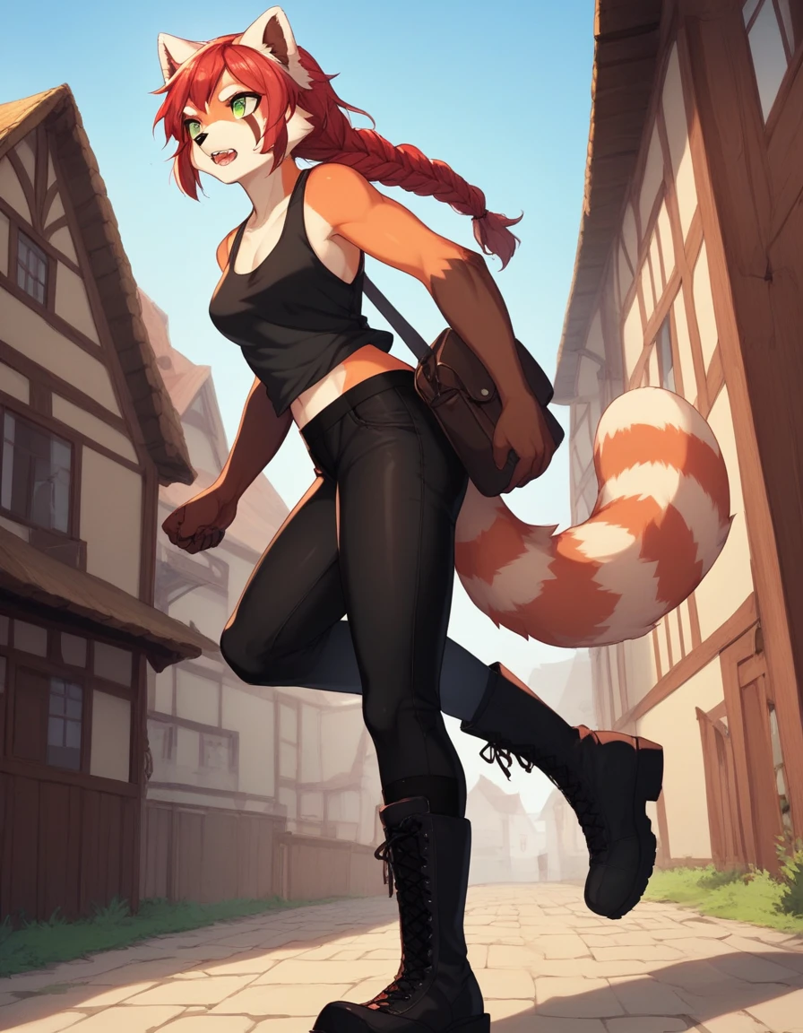 Solo, Score_9, score_8_up, score_7_up, kemono style, Kimiko, An Anthro furry red panda girl, red furry body, red panda tail, , black nose, red hair, braided hair, grinning with teeth, spear on back, tank top , rolled up sleeves,  form fitting black training tights, pants, satchel around hip leather, black combat boots, wooden fantasy town, daytime, outdoors, low angle shot, running, gimlet stare, focused, majestic, side view, emerald green eyes, looking to side with head, long legs, athletic toned arms and legs.