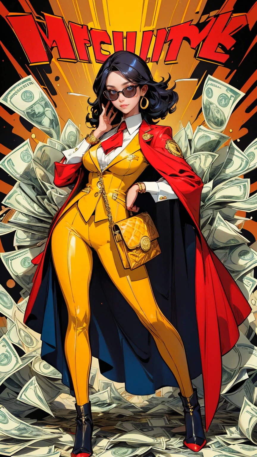 A detailed illustration of an extremely rich woman with yellow sunglasses and a red suit, smiling on her face, surrounded by lots of money in the background. she is holding her chin while thinking about something. The character should be depicted in a vibrant comic book style with bright colors and bold outlines. In front there are some coins and dollar bills. There will also be various other logos in the background to symbolize wealth and success. Make it look like a poster in the style of a comic book artist