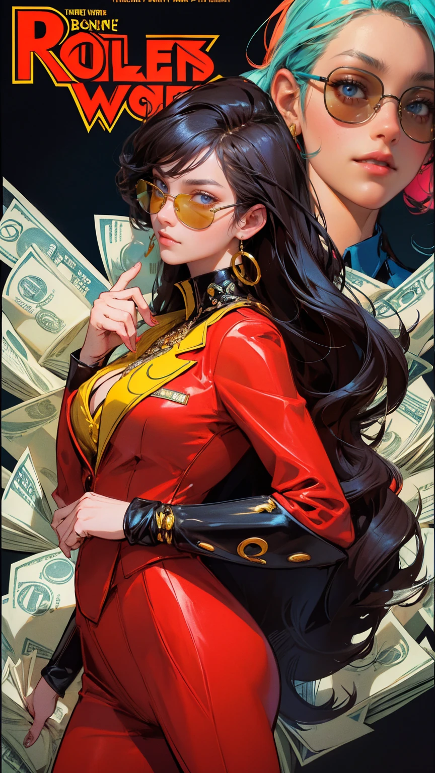 A detailed illustration of an extremely rich woman with yellow sunglasses and a red suit, smiling on her face, surrounded by lots of money in the background. she is holding her chin while thinking about something. The character should be depicted in a vibrant comic book style with bright colors and bold outlines. In front there are some coins and dollar bills. There will also be various other logos in the background to symbolize wealth and success. Make it look like a poster in the style of a comic book artist