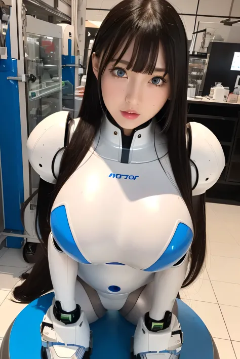 masterpiece, best quality, extremely detailed, Japanese android girl,Plump ,control panels,robot arms,robot,android,cyborg,white robot body,ceramic body,perfect robotgirl,blunt bangs,robot repair plant,chubby,pantyhose,platform sneaker,blue eyes,