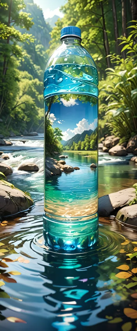 (masterpiece:1.2, Highest quality,Highest quality,Super detailed:1.2),(Very detailed),8k,(Photorealistic),(RAW Photos:1.2),A transparent water bottle left to cool in the stream,Negative ions,Beautiful river flow,Drawing transparent water,(Cool looking photo)