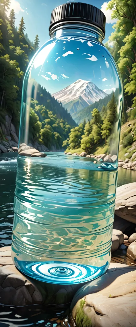 (masterpiece:1.2, Highest quality,Highest quality,Super detailed:1.2),(Very detailed),8k,(Photorealistic),(RAW Photos:1.2),A transparent water bottle for mountain climbing cooled in a river,Negative ions,Beautiful river flow,Drawing transparent water,(Cool looking photo)