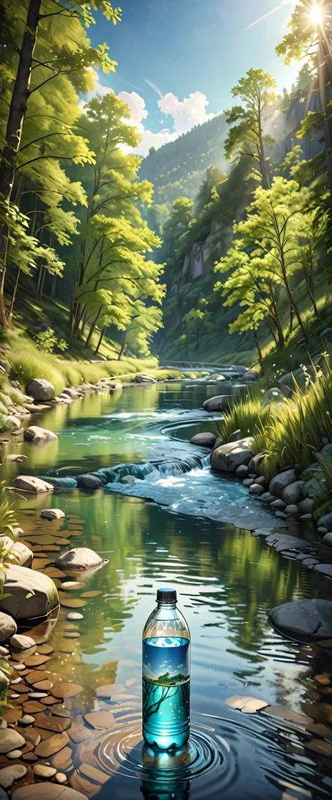 (masterpiece:1.2, Highest quality,Highest quality,Super detailed:1.2),(Very detailed),8k,(Photorealistic),(RAW Photos:1.2),A stylish, transparent water bottle chilled by the stream,Negative ions,Beautiful river flow,Drawing transparent water,(Cool looking photo),Beautiful sky,Reflecting sunlight