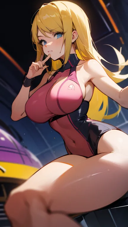 samus has large breasts and is wearing her bikinis and she has a cute face