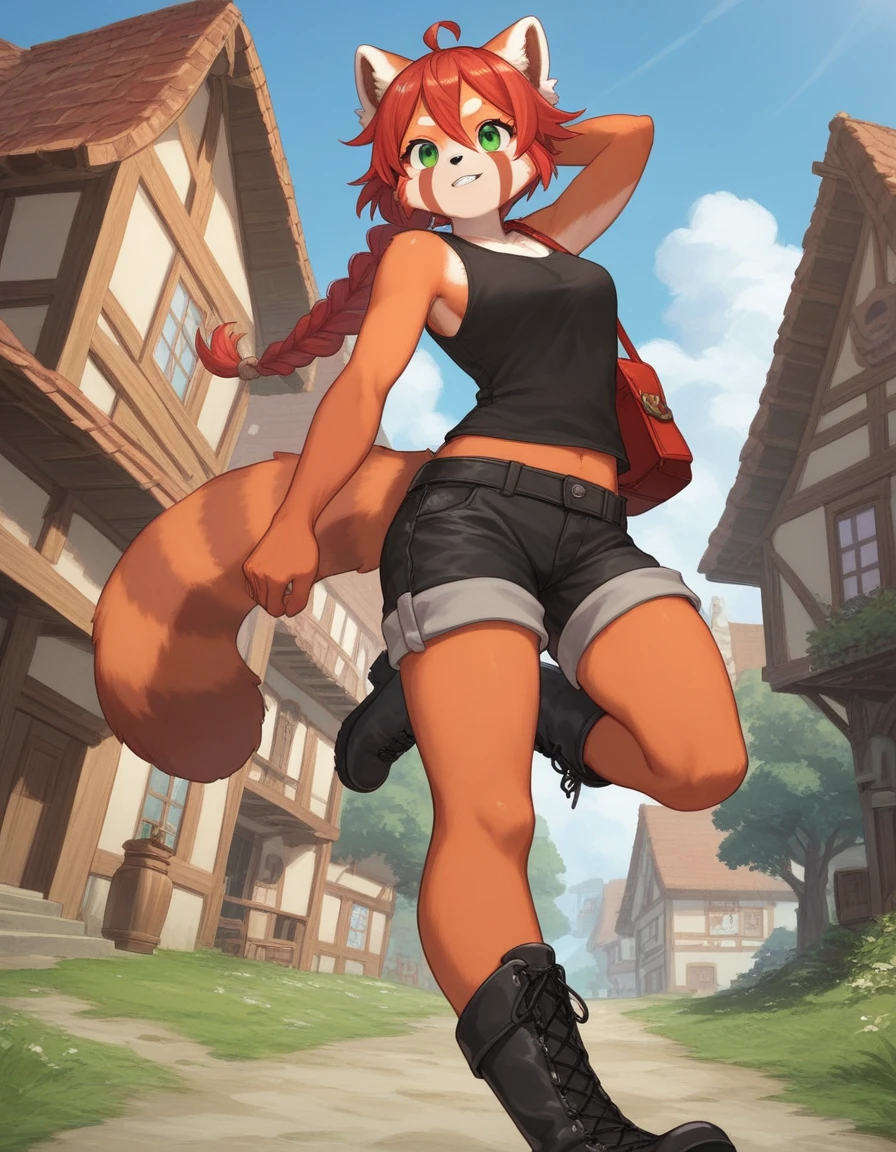 Solo, Score_9, score_8_up, score_7_up, kemono style, Kimiko, An Anthro furry red panda girl, red furry body, red panda tail, , black nose, red hair, braided hair, grinning with teeth, spear on back, tank top,  form fitting tight shorts, satchel around hip leather, black combat boots, wooden fantasy town, daytime, outdoors, low angle shot, running, gimlet stare, focused, majestic, side view, emerald green eyes, looking to side with head, long legs, athletic toned arms and legs, long braid behind head. 