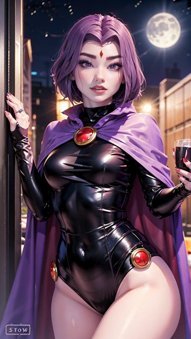 illustration of Crow from DC Comics, 1 woman, Crow, Turtleneck, Black leotard, Black cape, range hood, purple hair, forehead jeinel, purple eyes, short hair, Belt, Tight skin, stand, rift, compact, cause, nighttime , moonlight, ((condescending)), เส้นCrowรเคลื่อนไหว, torso, ร่างCrowยส่วนบน, Portrait, B&in. shape, inรูปแบบศิลปะไพ่ทาโรต์อะนิเมะ, elegant, charming, Crowรสะท้อน, shine, Crowรแรเงา, Stockings 40 diier, small