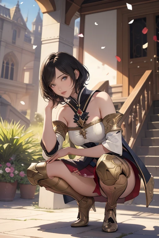 Highest quality, Official Art, masterpiece, Fabric Shading, High resolution, Very detailed, colorful, Best details, Fantasy, suit, Song Jua:1.5, 1 female, Age 25, Standing on the stairs,Pub with castle view, Many Stars々Shining night,short hair, Bobcut, Black Hair, Wavy Hair, {Surrounded by many people:1.9}, Confetti falling、Blessed、welcome:1.5, whole body:1.6squatting, spread legs,