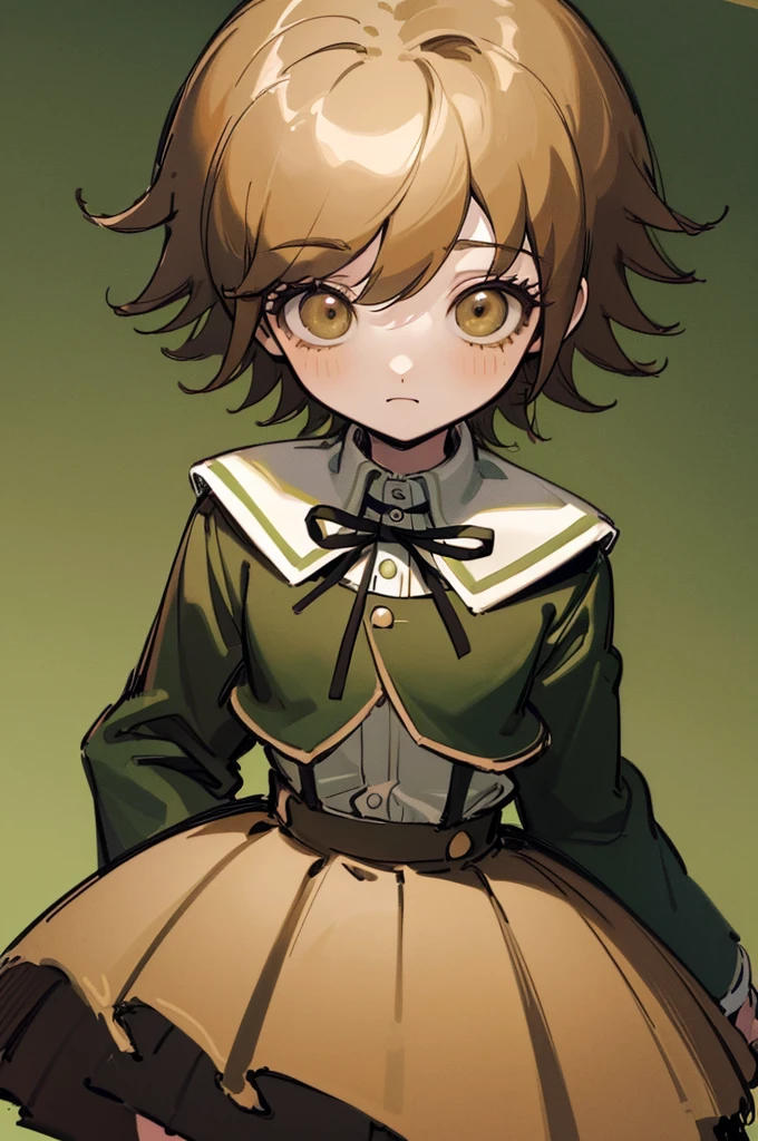 ((masterpiece,High resolution,Highest quality,8k))
(17 years old,Shyness,otoko no ko,Danganronpa,chihiro fujisaki)(Brown Hair,short hair,bangs)
(Green jacket,Black Neck Ribbon,Brown pleated skirt)