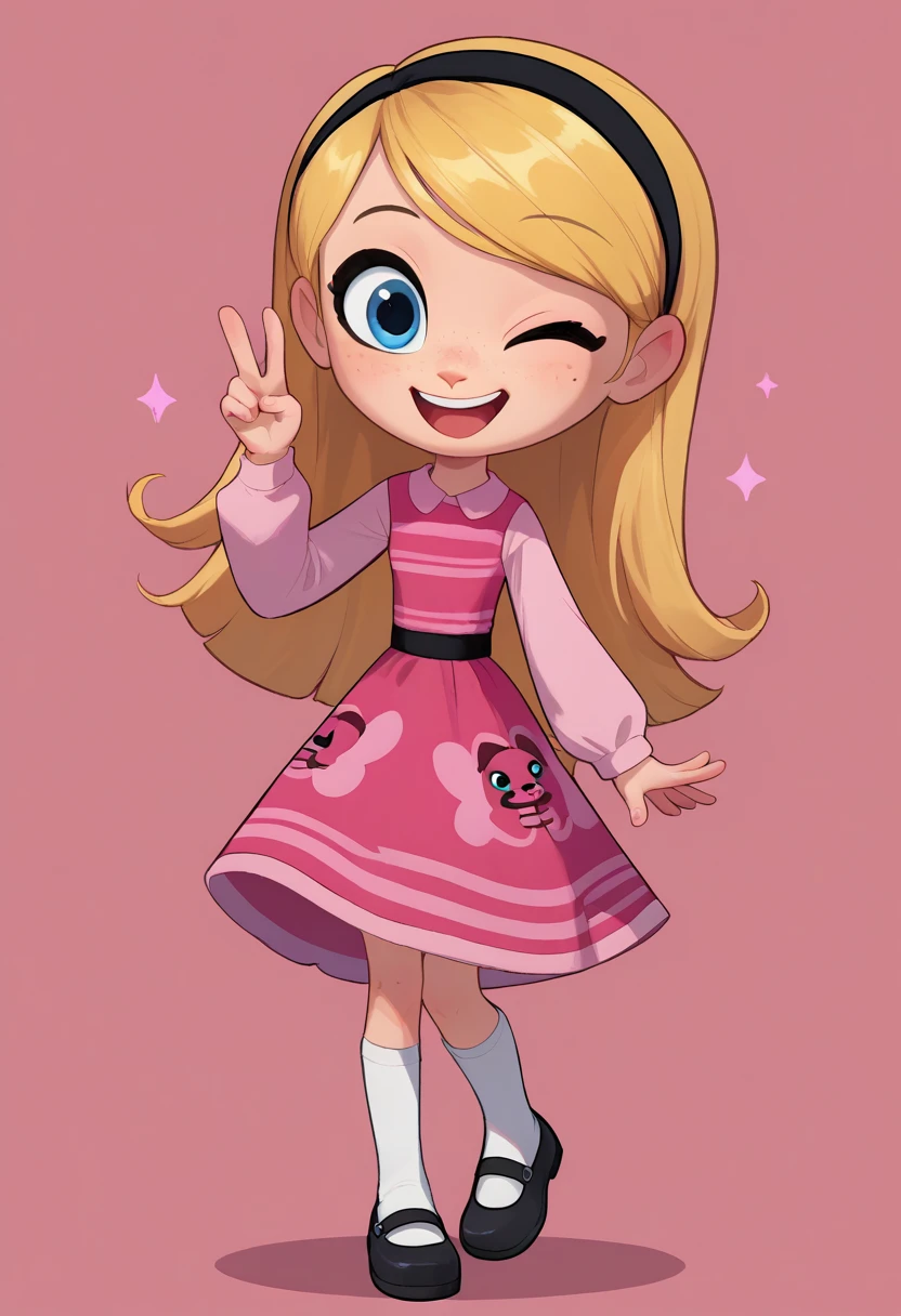 score_9, score_8_up, score_7_up, 1girl, full body, solo, penny peterson, long hair, blue eyes, freckles, blonde hair, skirt, hairband, black hairband, white long tube socks, dress, pink dress, long sleeves, mary janes, one eye closed, peace sign, cute smile, cute art, cute, kawaii, left eye closed looking at viewer, high quality, happy, pink background,