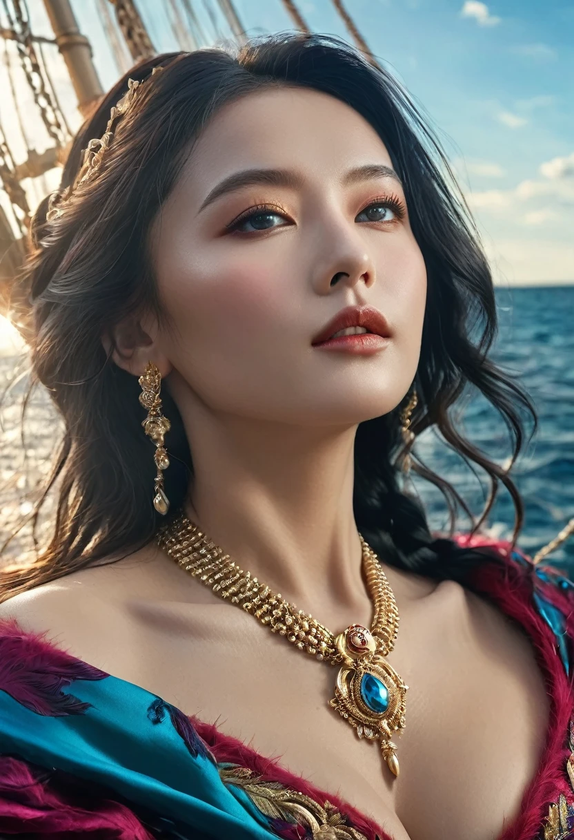 a beautiful detailed boa hancock, stunning portrait, intricate detailed face, piercing eyes, full luscious lips, flowing hair, elegant dress, dramatic pose, dynamic action, battle ship on the sea, vibrant colors, hyperrealistic, cinematic lighting, photorealistic, 8k, best quality, masterpiece