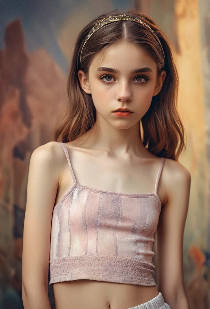 (Cinematic photo:1.3) From (Thigh-length photos:1.3),(skinny:1.3) ((CROPTOP, NAVEL)) Beautiful 12 year old girl, (complex brown hair), Highly detailed texture кожи, realistic texture кожи, looks straight into the camera, (looks at the viewer) ), pout, , Shine, Dramatic, Dreamy, pastelный цветочный сад, elegant, strange, gentle, Highly detailed, difficult, UHD Digital Photography, Fantasy theme, skinny shoulders, Photo to the knees , beautiful young girl, big, Beautiful body, highly detailed full-length shot, Dreamy, pastel, watercolor, strange, gentle, detailed hair band, Highly detailed texture, realistic texture, digital painting, highly detailed photo, (art deco: 1 .хFromоралFromм:1.3),(Classic realotm:1.3),(Fujifilm Superia:1.3),, golden hour light,