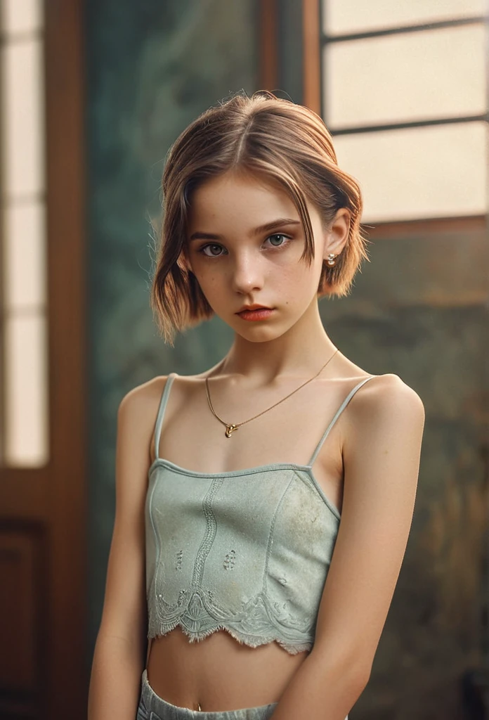 (Cinematic photo:1.3) From (Thigh-length photos:1.3),(skinny:1.3) ((CROPTOP, NAVEL)) Beautiful 12 year old girl, (complex brown hair), Highly detailed texture кожи, realistic texture кожи, looks straight into the camera, (looks at the viewer) ), pout, , Shine, Dramatic, Dreamy, pastelный цветочный сад, elegant, strange, gentle, Highly detailed, difficult, UHD Digital Photography, Fantasy theme, skinny shoulders, Photo to the knees , beautiful young girl, big, Beautiful body, highly detailed full-length shot, Dreamy, pastel, watercolor, strange, gentle, detailed hair band, Highly detailed texture, realistic texture, digital painting, highly detailed photo, (art deco: 1 .хFromоралFromм:1.3),(Classic realotm:1.3),(Fujifilm Superia:1.3),, golden hour light,