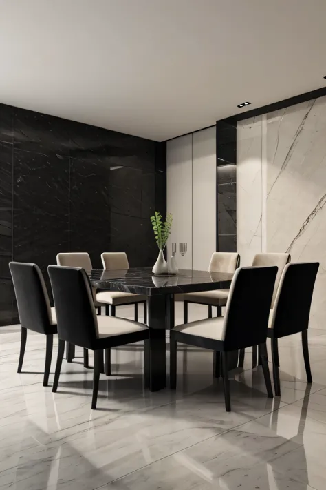 Professional 3d architecture rendering design of modern and minimal dining table with eight chairs with black slab stone table and light cream velvet chairs 