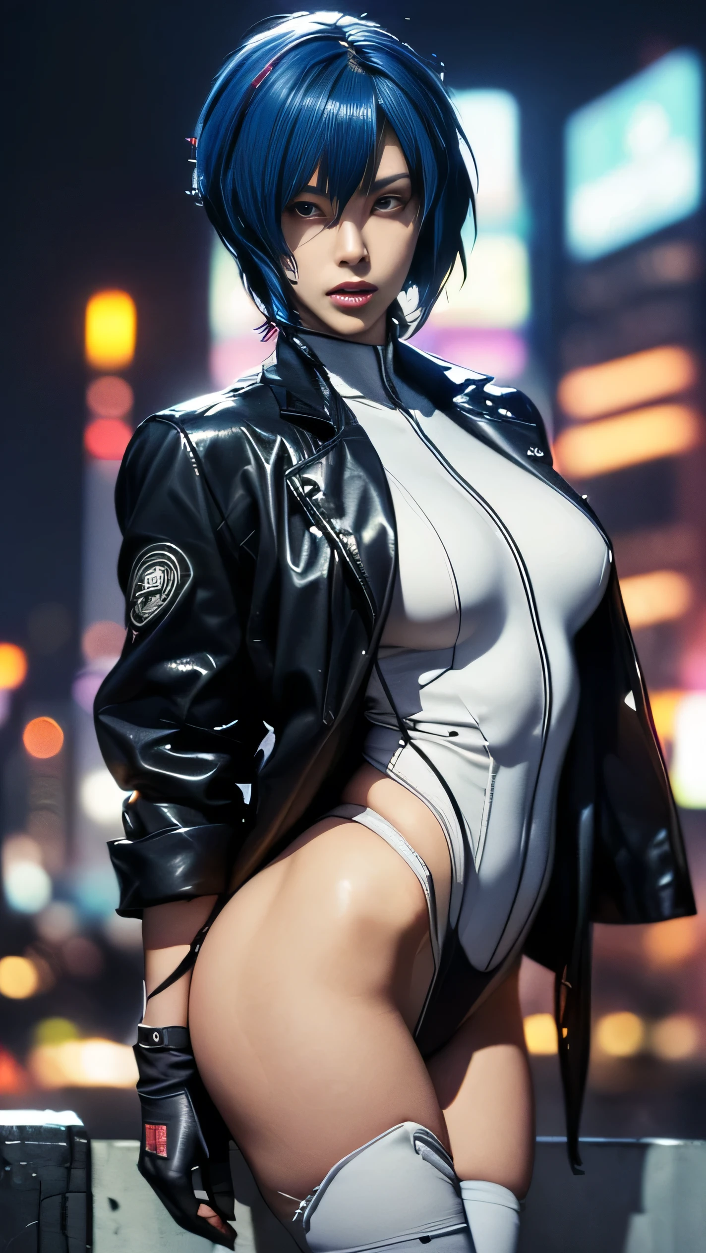 (A woman),(Kusanagi Motoko:1.5),(((Special forces women standing:1.5))),((White Tactical High Leg Bodysuit:1.5)),((Black jacket:1.5)),(Black Gloves:1.5),(Serious:1.5),(short hair:1.5),(((Blue Hair:1.5))),(beautiful eyes:1.3),(Very detailedな顔:1.5),((Very detailed drawing of a female hand:1.5)),((muscular:1.5)),(Sexy appearance:1.5),((Thick thighs:1.5)),(Beautiful Body:1.5),((Very sensual:1.5)),(Skyscrapers background at night:1.5),(Cyberpunk atmosphere:1.5),(((Blurred Background:1.5))),(Written border depth:1.5),rest(((masterpiece:1.5),(best quality:1.5),(Very detailed:1.5),(high resolution:1.5),(Practical:1.5),(Practical:1.5),(Delicate depiction),(Carefully drawn))),8k,wallpaper