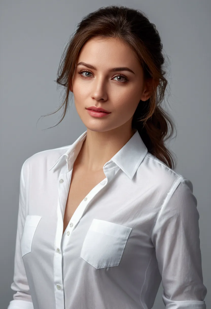 a pretty woman, dressed in white shirt, full body portrait, pretty perfect face with perfect face, hyperrealistic concept, 8k re...