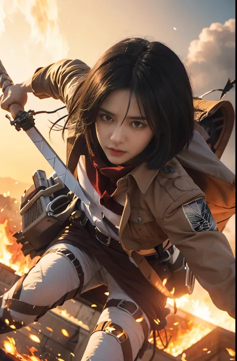 Mikasa ackerman, attack on Titan famale, black short hair, gray eyes, brown attack on titan uniform, angry face, halding a sword, detailed hand, detailed face, detailed eye, fire effect:1.4, light effect:1.2, ultra-realistic1.2, ultra-detailed1.2, bestquality, masterpiece.