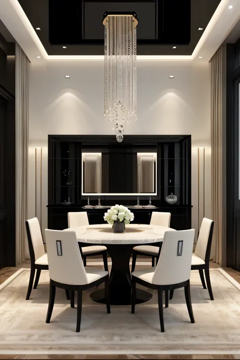 Professional 3d architecture rendering design of modern and minimal dining table with eight chairs with black slab stone table and light cream velvet chairs with elegant and chic carpet 