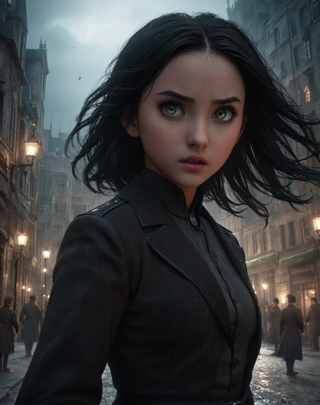 1girl,11-year-old girl, daughter of severus snape , black hair, gree eyes,stunning cinematic composition,fight scene,lightning (black),top ranking in pixiv,game character,extremely detailed face and eyes,beautiful detailed lips,long eyelashes,highly detailed skin,dramatic lighting,ultra-realistic,hyperrealistic,8k,ray tracing,physically-based rendering,dramatic shadows,intense lighting effects,moody atmosphere,dark fantasy,digital painting