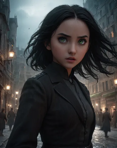 1girl,11-year-old girl, daughter of severus snape , black hair, gree eyes,stunning cinematic composition,fight scene,lightning (...