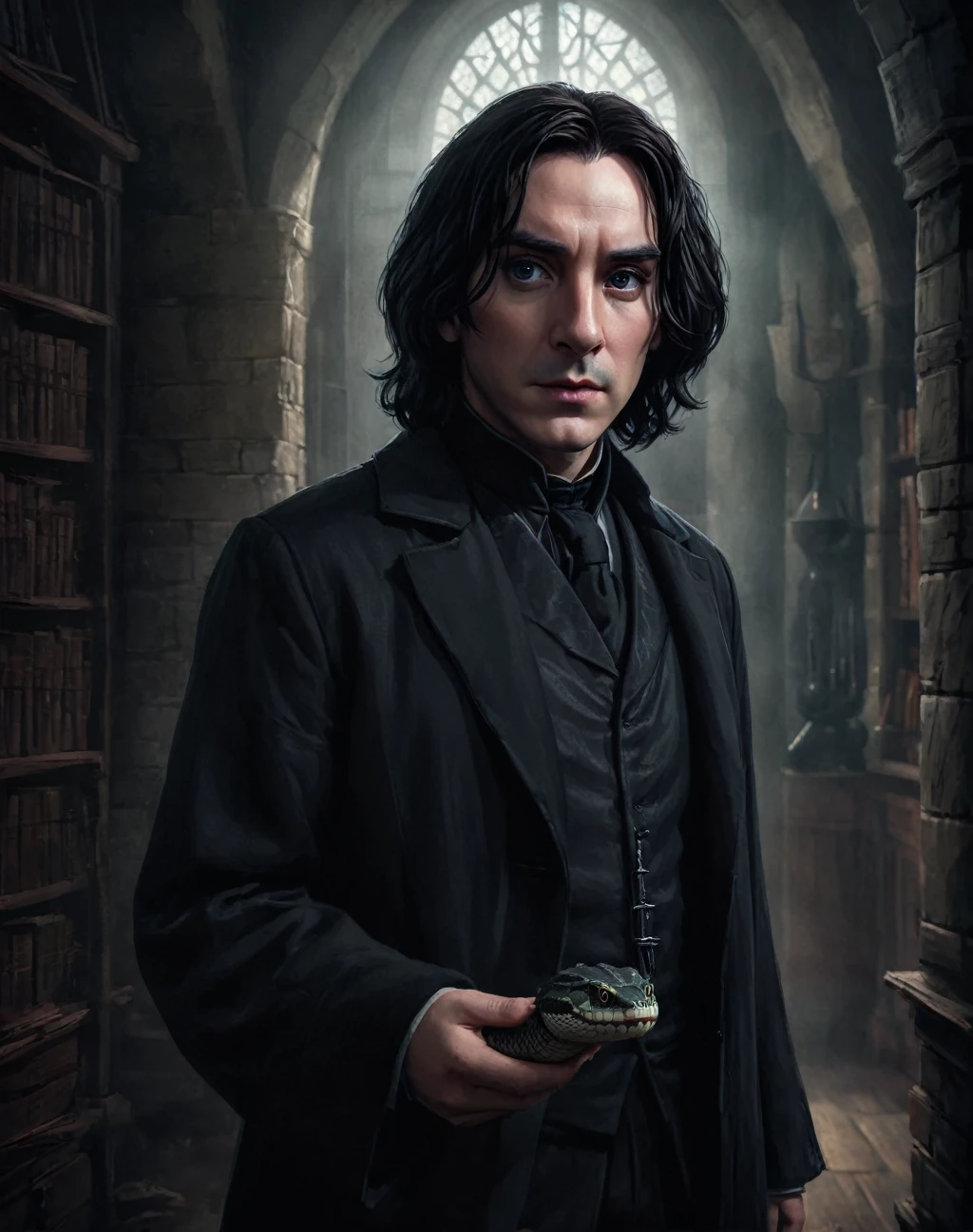 ein junger Zauberlehrling Severus Snape mit Schlangenaugen, detailliertes Gesicht und Augen, dramatische Beleuchtung, stimmungsvolle Atmosphäre, dunkle akademische Ästhetik, Filmkomposition, digitale Zeichnung