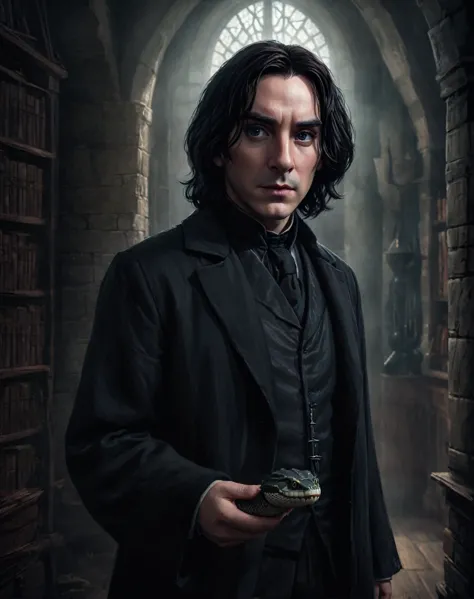 a young wizard student severus snape with rattlesnake eyes, detailed face and eyes, dramatic lighting, moody atmosphere, dark ac...