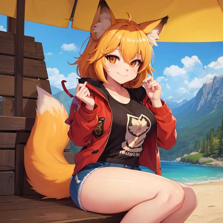 Masterpiece, best quality, high quality, One Fox anthro girl, furry, body fur, fox tail, outdoors, smile, scenery, wears shirt and jacket, shorts, sunny day