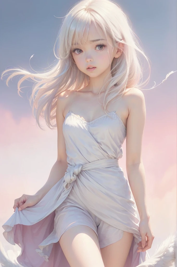 Dreamy pastel painting,　whole body，((One girl))，Realistic，lips，Tabletop，Highest quality，Realistic feel，(((Smooth straight hair　Bangs longer than the waist, beautiful, Flowing white hair:1.2)))，beautiful目，(((Gazing into the distance)))，Skin Texture，break，Delicate silk，The hem of the dress is long，Prism Rotation，(Princess Decoration，Baby Pink:1.2)，detailed，Pink Coat，moving composition，Against a deep background，Feathers in the sky，it was foggy, Bokeh, it was foggy, Dutch Angle, Afterimage, Minimalism，A world beyond imagination，Movie-like scene, Cinema Lighting，超beautifulポートレート, Abstract background