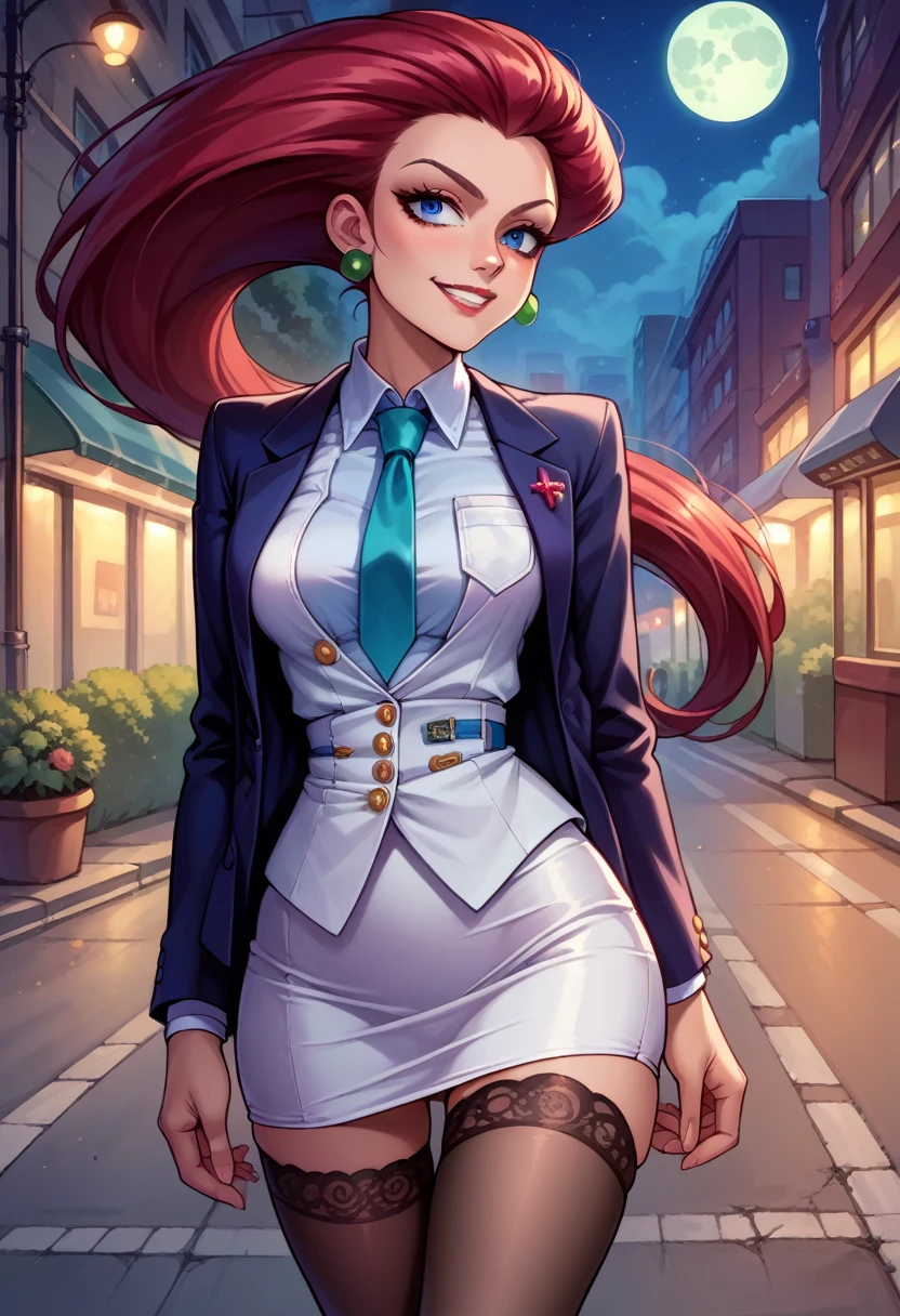 score_9,score_8_up,score_7_up,score_6_up, source_anime, 1girl, solo, EPpkJessie, long hair, blue eyes, red hair, hair slicked back, medium breasts, smile, skirt suit, (((three-piece suit))), (((dress shirt))), (((necktie))), (((blazer))), (((suit jacket))), (((waistcoat))), double-breasted waistcoat, (((bodycon pencil skirt))), (((stockings))), high heels, pocket square, cufflinks, tie clip, tight clothing, formal clothing,,standing,empty streets,night,fog,moon,